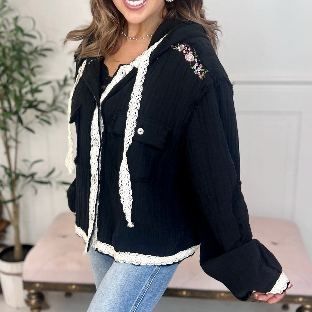 POL Hooded Button-Up Jacket Floral Embroidered Shoulders & Lace Trim